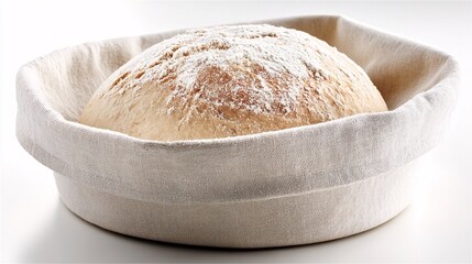 representation of proofing dough in a cloth-lined banneton basket, visibly expanded, dusted with flour, side angle, white background sourdough, proofing, dough, banneton, basket, fermentation, 