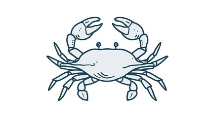 Fototapeta premium A stylized illustration of a crab, viewed from above, depicted in a monochromatic blue-grey palette with dark-blue outlines, showcasing its detailed claws and legs against a white background