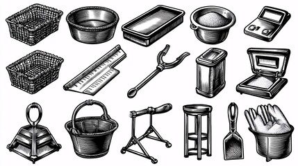 baking tools used in sourdough making: banneton basket, lame, dough scraper, digital scale, flour sifter, all isolated on white sourdough, tools, baking, kitchenware, banneton, basket, lame, 