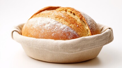 representation of proofing dough in a cloth-lined banneton basket, visibly expanded, dusted with flour, side angle, white background sourdough, proofing, dough, banneton, basket, fermentation, 