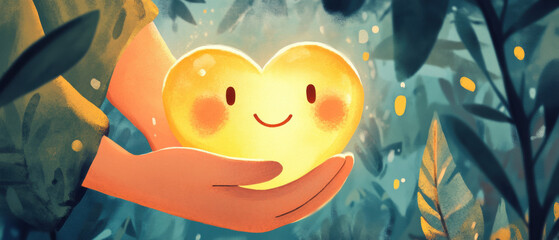 Glowing heart cartoon smiling hands forest magical warm cheerful light nature happiness surrounded by leaves