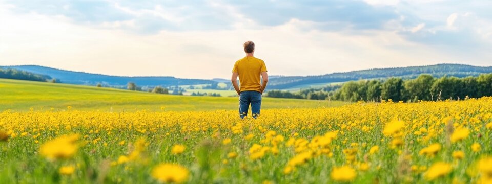 Man Standing in Yellow Flower Field Under Bright Blue Sky Landscape