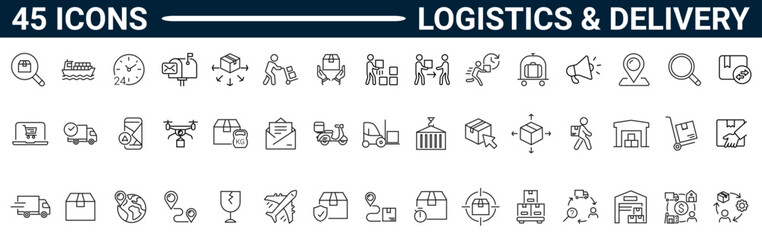 Set of 45 outline icons related to logistic, delivery. Linear icon collection. Editable stroke. Vector illustration