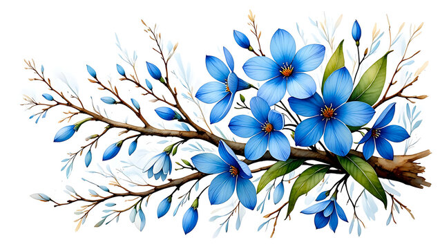 Watercolor Illustration of a Blooming Branch with Vibrant Blue Flowers and Buds against White Background springtime artwork