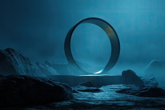 Mysterious Cosmic Ring in a Misty Landscape. - Powered by Adobe