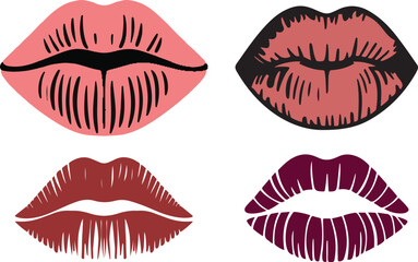 Stylized Set imprint Lip Icon Set 4 Vector Illustrations in Pink, Brown, and Purple with Textured Highlights for Fashion and Cosmetic. Realistic beautiful kiss. Different shapes female sexy lips