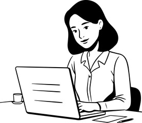 Black and white line art of a beautiful successful career woman working at desk with laptop illustration