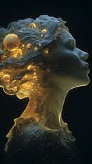 surreal glowing female with solar-system hair, suspended in a black universe