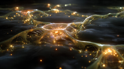 Futuristic biological energy map with radiant web structure, glowing neural network, and dynamic light flow, evoking wonder