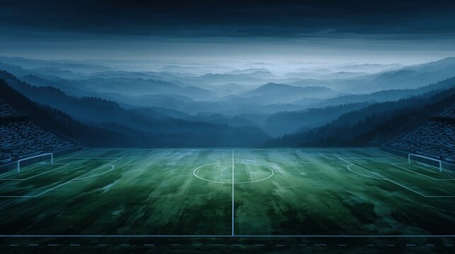 Enchanting soccer stadium vista against misty mountain backdrop, ready for championship drama