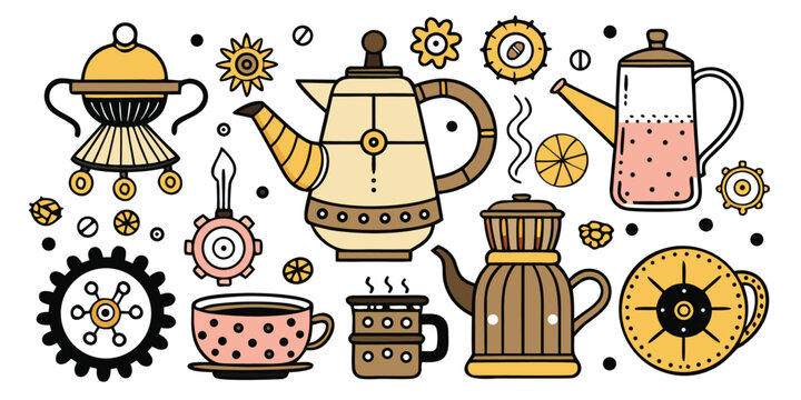 Whimsical steampunk coffee and tea time elements with gears and kettles