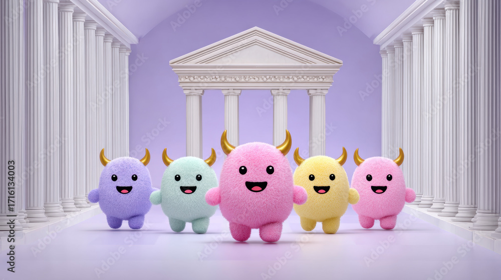 Poster stampede, colorful cartoon creatures with horns pose in a whimsical ancient setting featuring column