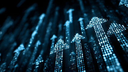Blue digital upward arrows on binary code background for tech upload concept