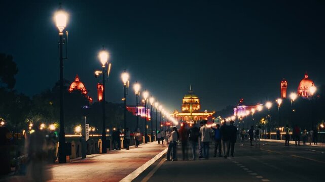 Fast Motion Shot of Illuminated Rashtrapati Bhavan Close Night Shot, Kartavya Path, New Delhi