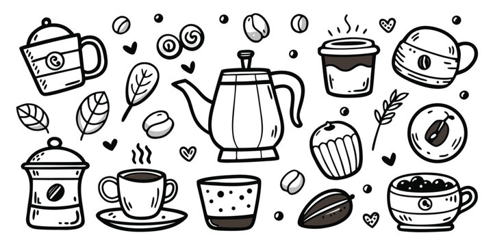 Whimsical hand-drawn coffee and tea time collection with mugs pots and pastries