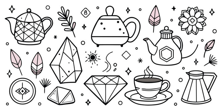 Whimsical collection of teapots diamonds gemstones and a steaming cup of coffee