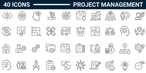 Project management line icon set. Includes Planning, schedule, collaboration, development and time management concept. Editable stroke. Vector illustration