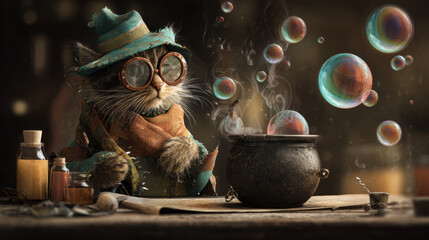 Wizard cat wearing glasses and hat brews magical tea in cauldron, surrounded by colorful bubbles and potion bottles, whimsical mood
