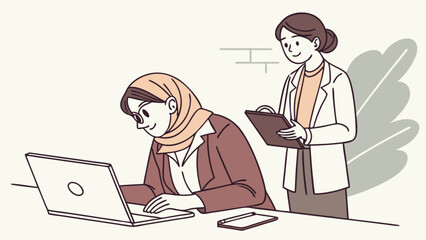Illustration of muslim businesswoman working on laptop with colleague reviewing her work tasks