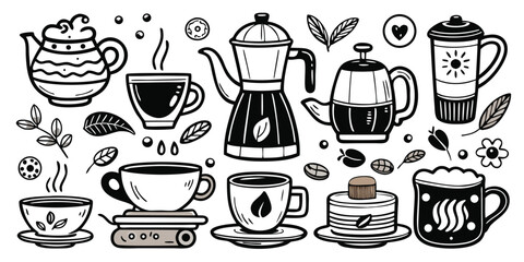 Fototapeta premium Artistic hand drawn coffee and tea time collection of cups pots and accessories