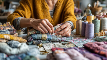 Hand sewing fabric with care, colorful thread spools, patchwork textiles, creative reuse, cozy workspace, sustainable craft