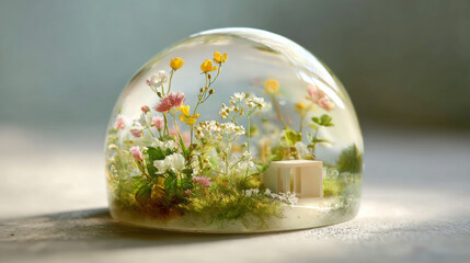 Macro shot of giant clear resin dome with wildflowers, moss, and small house, creating dreamy, peaceful miniature landscape