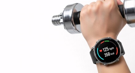 Hand holding dumbbell fitness tracker watch health monitoring technology concept Modern minimalist style Isolated on white backgro