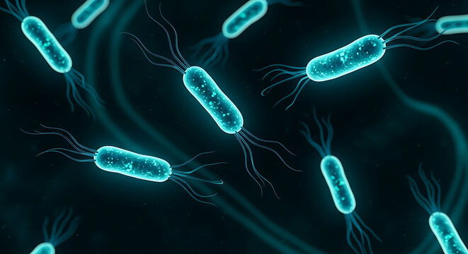 Microscopic view of glowing blue rod shaped bacteria with flagella swimming in dark environment