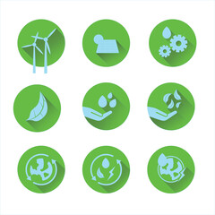 A collection of nine circular icons representing environmental concepts, including wind turbines, water conservation, and recycling.