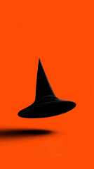 Black witch hat floating, minimalist style, bright orange background, Halloween theme, mysterious and playful mood