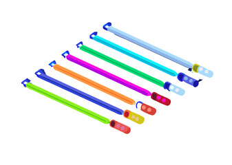 Halogen or led light lamps elements pack for night party or game design. Neon light tubes set. Colorful glowing lines or borders collection isolated on dark blue background. Color vector illustration
