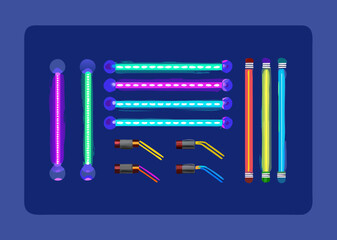 Halogen or led light lamps elements pack for night party or game design. Neon light tubes set. Colorful glowing lines or borders collection isolated on dark blue background. Color vector illustration
