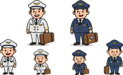 Cartoon airline pilots in uniform, male flight crew, aviation characters, airplane captain, pilot with suitcase, professional pilot, comic style aviation
