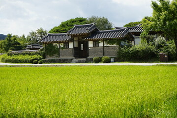 경상북도 안동 하회마을은 전통적인 한국 건물이 있는 아름다운 역사 마을입니다.