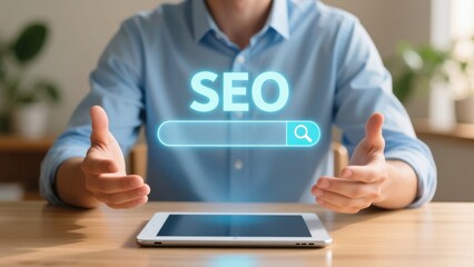 Person with tablet and holographic seo bar glowing above showing ranking report and traffic growth in modern style