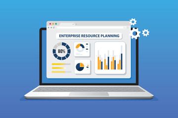 ERP Enterprise resource planning Web with laptop view concept, productivity and company enhancement. Vector Illustration