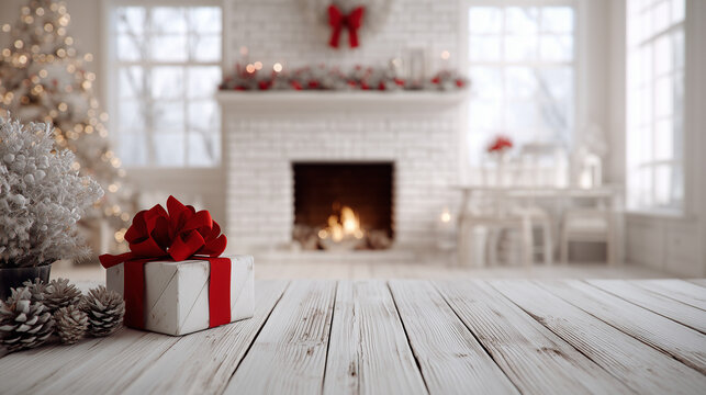 Christmas and New year background with empty white wooden deck table over fireplace. Empty display for product montage. Scandinavian style Xmas background