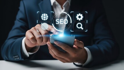 Businessman holding smartphone and holographic seo interface and icons showing ranking report and traffic growth