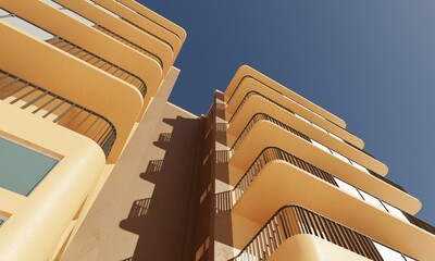 Front view exterior and perspective apartment building over blue sky 3d rendering wallpaper background