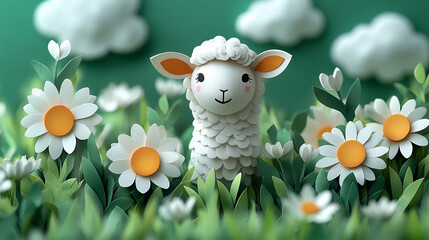 Cute cartoon sheep in a field of daisies.  3D paper craft style. S