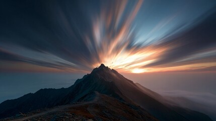 Mountain peak with blurred sky at sunset or sunrise.