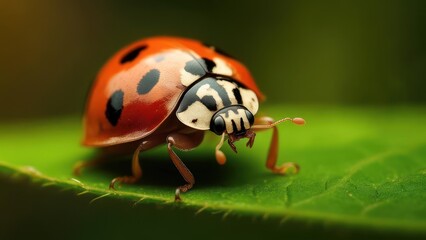 Naklejka premium Ladybug on green leaf close-up