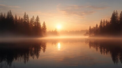 Fototapeta premium Lake reflection sunrise forest landscape