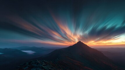Mountain peak silhouette against a dramatic sky with radiating light and blurred effect.