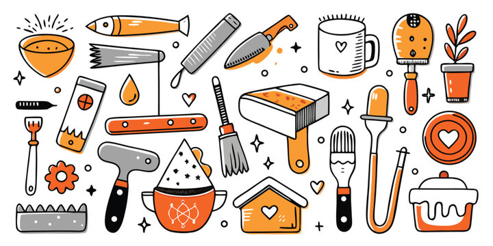 Hand-drawn construction and crafting tools collection with whimsical accents and decorative elements