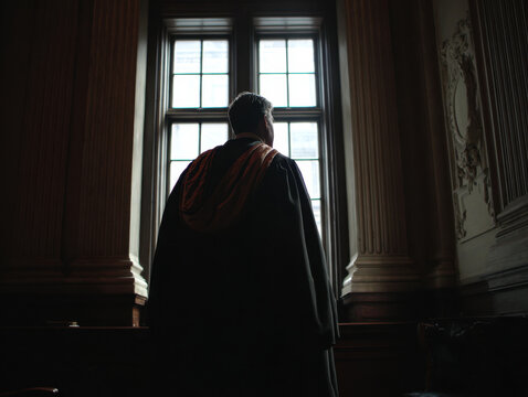 Dark silhouette of a person in academic robes standing by a large window with classic architecture, softly illuminated by natural light creating a dramatic effect.