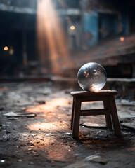 A solitary disco ball rests on a weathered chair, evoking nostalgia and forgotten celebrations.