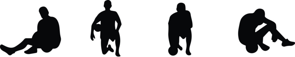 Silhouette set of men in various sitting and resting poses, casual human figures, lifestyle concept, black and white vector illustration