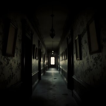 Atmospheric, creepy, A long, dark, ominous hallway inside a haunted mansion. Ornate, peeling wallpaper.