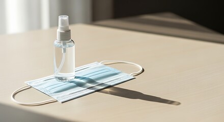 Face mask and hand sanitizer for hygiene and protection against viruses.